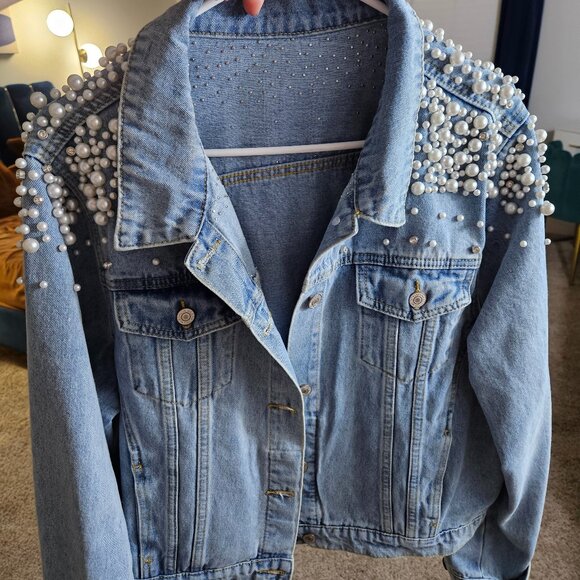 Jackets & Blazers - Medium Wash Pearl and Diamond Embellished Denim Jacket